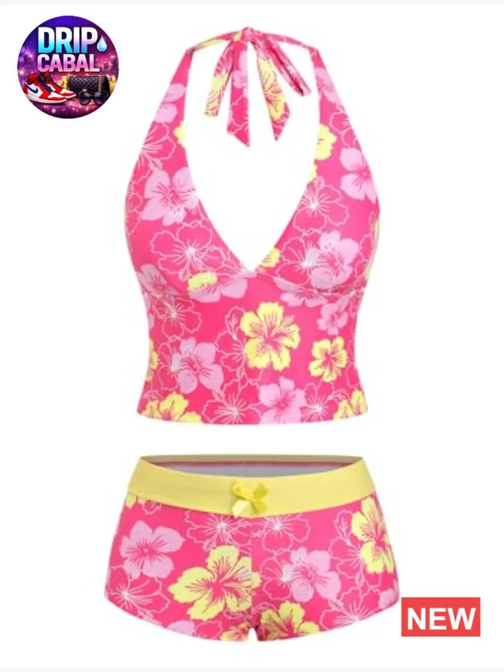 V-Neck Tankini with Shorts Halter Tummy Control Bow Two Piece Swimsuit